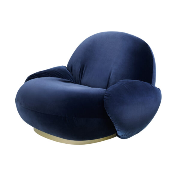 Fauteuil Lounge Pacha avec accoudoirs, Base Pearl Gold,Tissu Velours Bleu