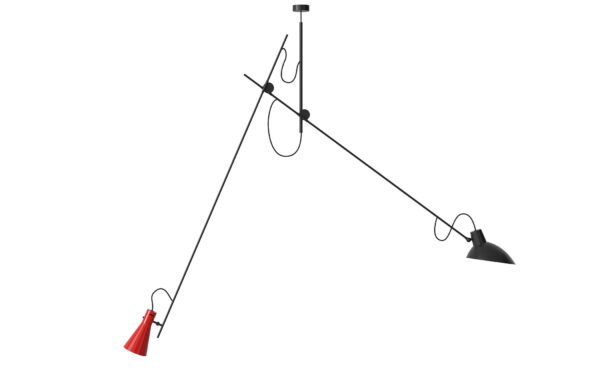 Suspension VV Cinquanta ,Structure noire, abat-jour noir et rouge