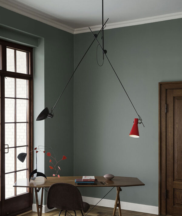 Suspension VV Cinquanta ,Structure noire, abat-jour noir et rouge