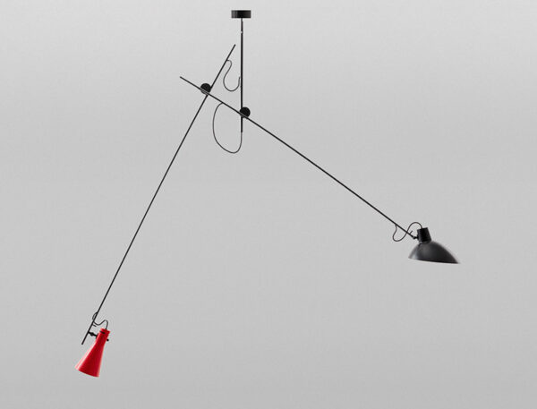 Suspension VV Cinquanta ,Structure noire, abat-jour noir et rouge